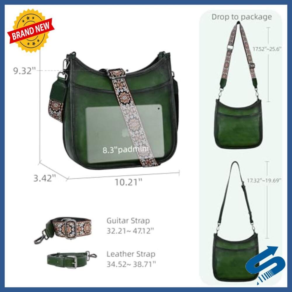 Genuine Leather Crossbody Bag with Boho Strap, Multiple Pockets, Adjustable - Picture 3 of 7